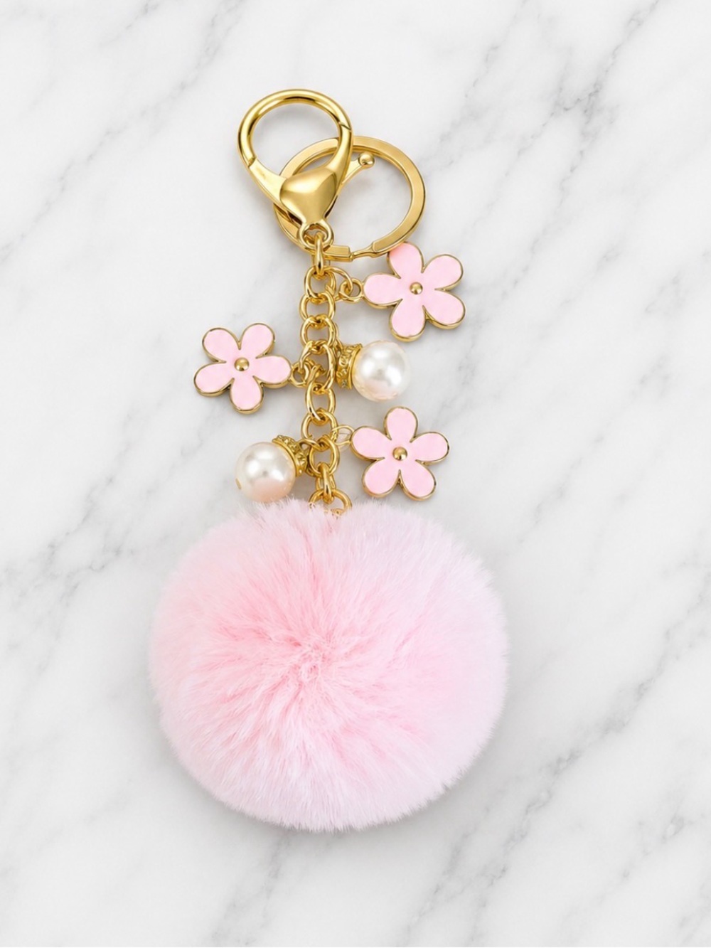 Pink Pom-Pom & Is Enamel Flower Bag Charm / Keyring-Gold Hardware